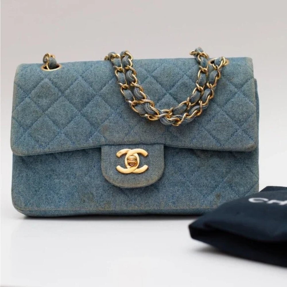 VTG CHANEL 1992 CLASSIC DENIM MEDIUM FLAP BAG PURSE CC TURN LOCK 24k - Picture 3 of 13